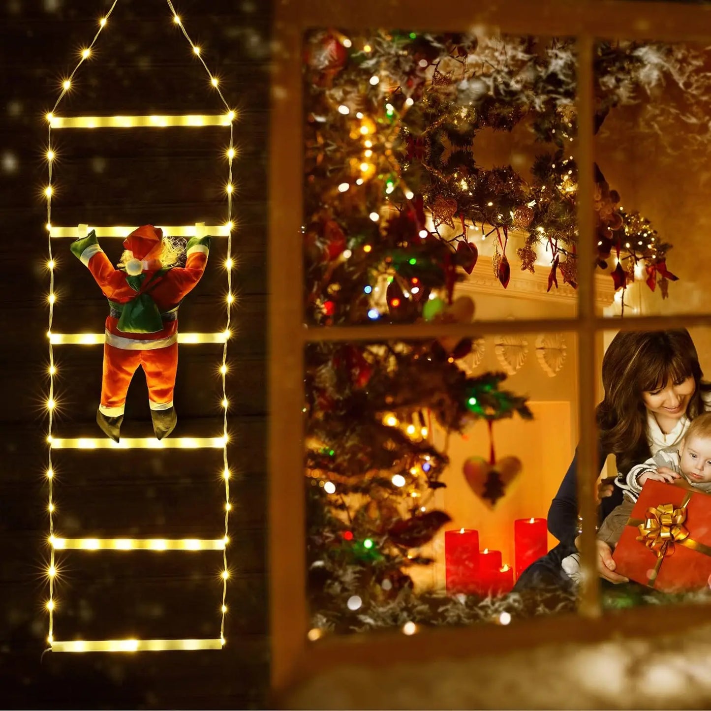 Escalera con luces led para decoración navideña con Papá Noel trepador